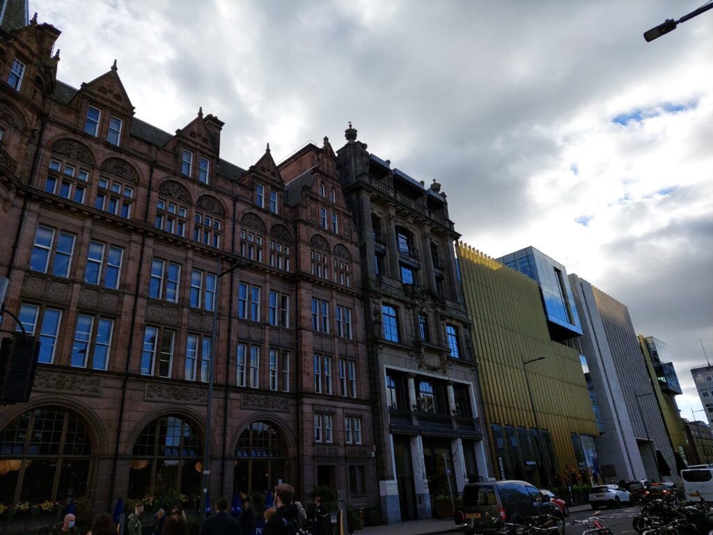 Modern and gothic buildings along St. Andrew Square